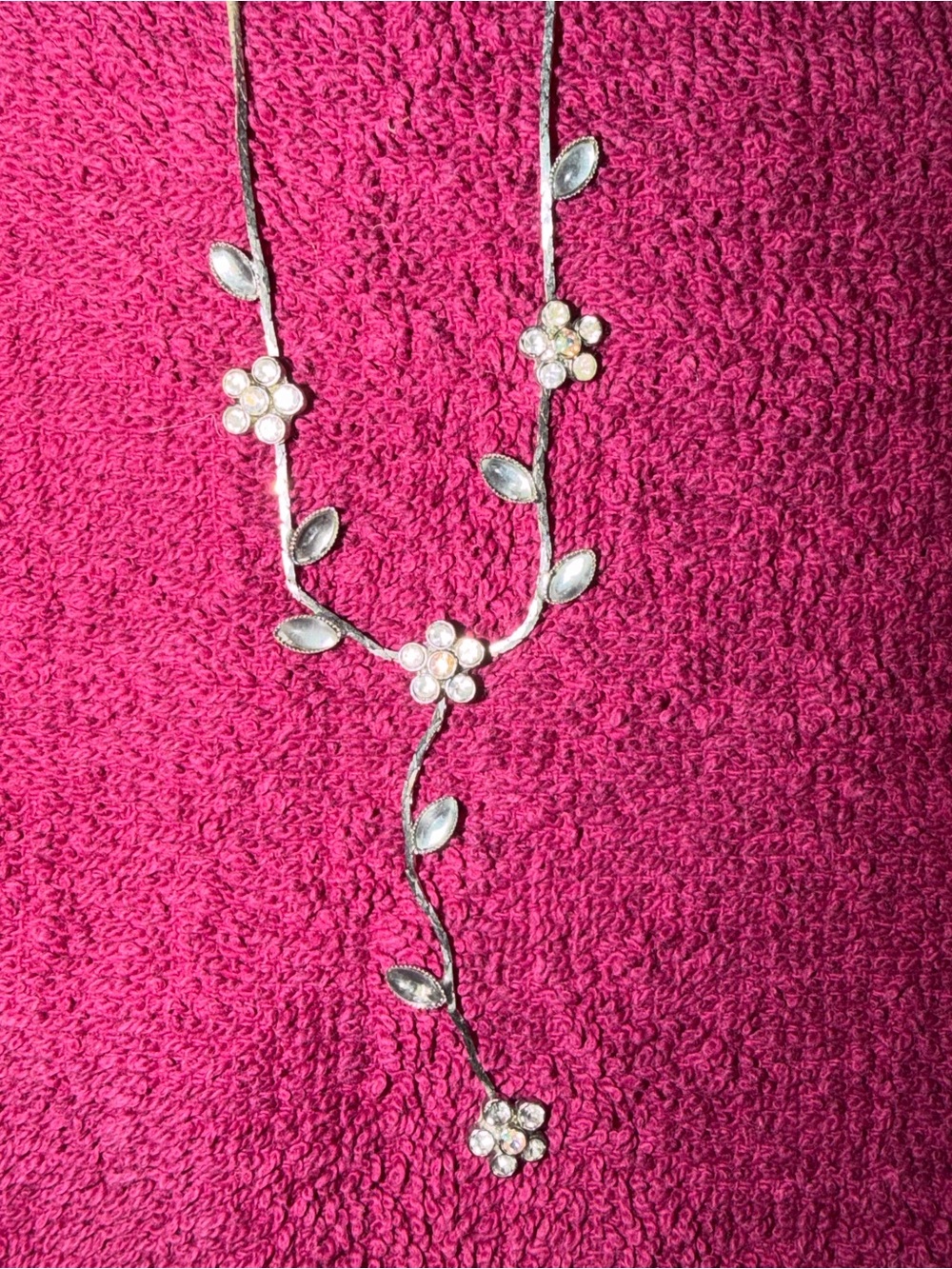 Delicate Silver Floral Vine Y-Necklace w/ clear crystal accents